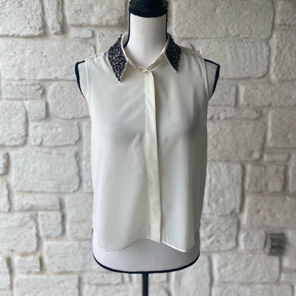 Alice & Olivia Cream Sheer Sleeveless Black Rhinestone Collartop Sz S Nwt